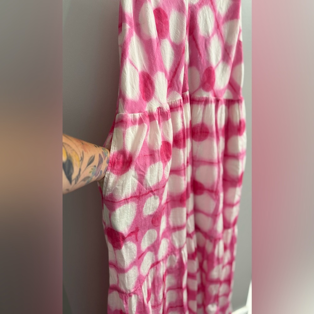 Anthropologie Maeve Maxi Dress | Geneva Pink & White Polka Dot Tie Dye Sz Large - Picture 4 of 15
